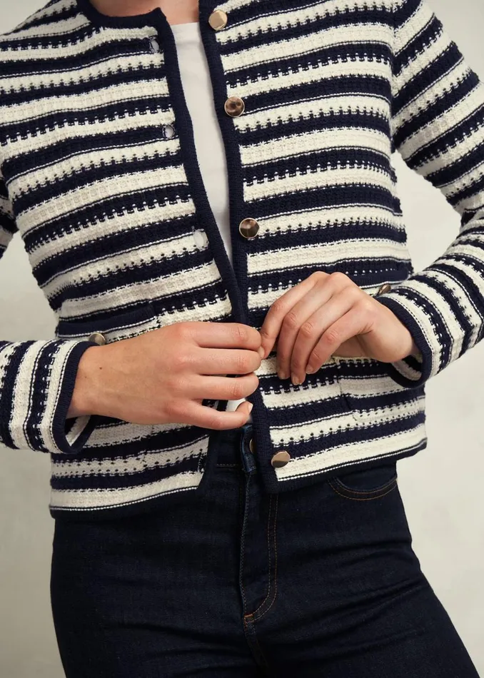 Women Coats and Jackets Hobbs Milly Cotton Knitted Jacket Navy Warm Ivory