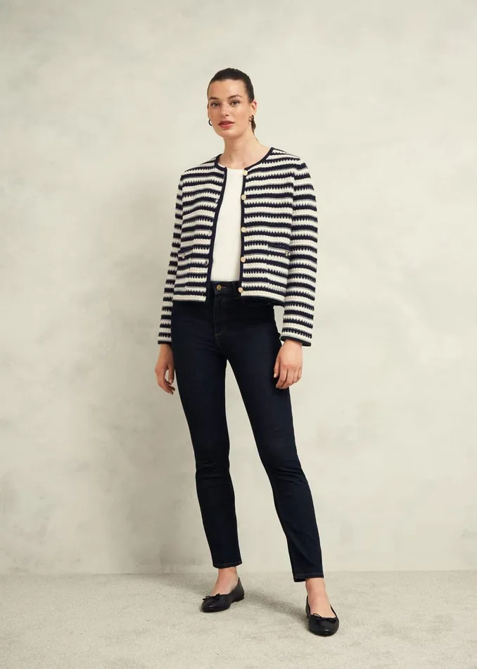 Women Coats and Jackets Hobbs Milly Cotton Knitted Jacket Navy Warm Ivory