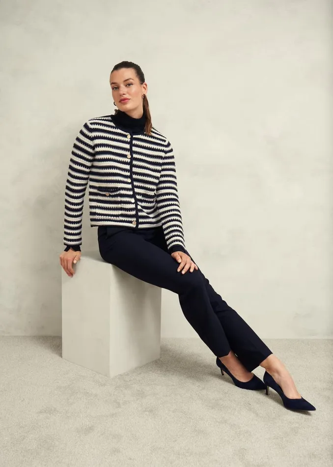 Women Coats and Jackets Hobbs Milly Cotton Knitted Jacket Navy Warm Ivory