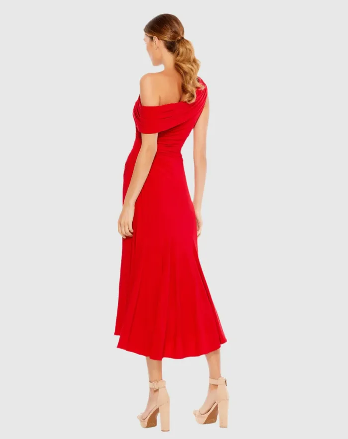Women Cocktail Dresses Mac Duggal Ruched OffTheShoulder Midi Dress Red