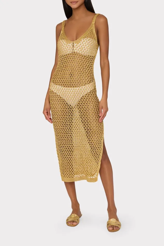 Women CoverUps Milly Metallic Mesh V Neck Midi CoverUp Dress Gold Women CoverUps Milly Metallic Mesh V Neck Midi CoverUp Dress Gold