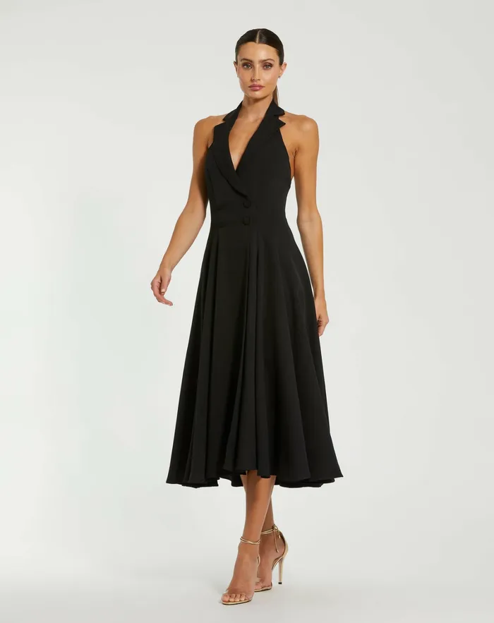 Women Crepe Sleeveless Blazer Halter Midi Dress Black Every Day Dresses Mac Duggal