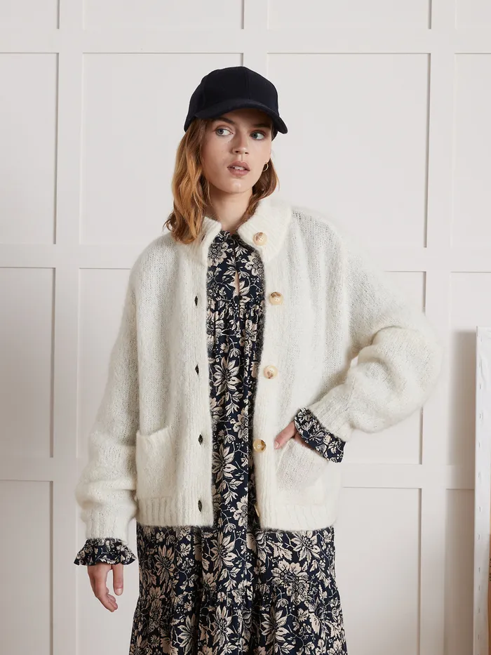 Women Cyrillus Clothing Button Cardigan With High Neckline Ecru