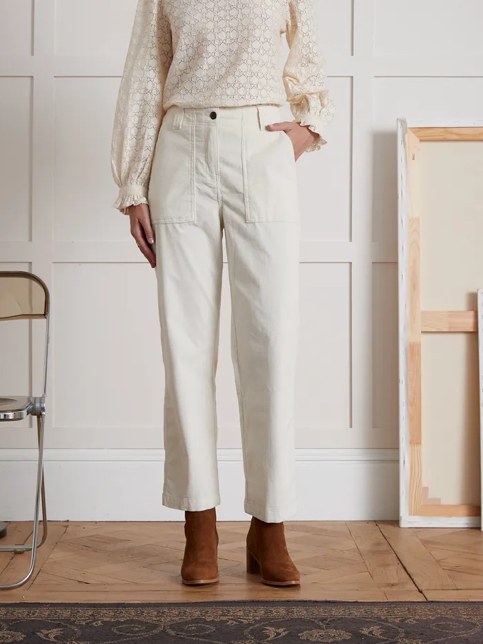 Women Cyrillus Clothing Leonie Corduroy Cargo Trousers Ecru