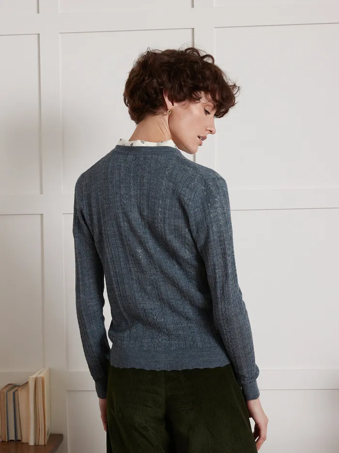 Women Cyrillus Clothing Openwork Knit Button Cardigan Gris Flannel