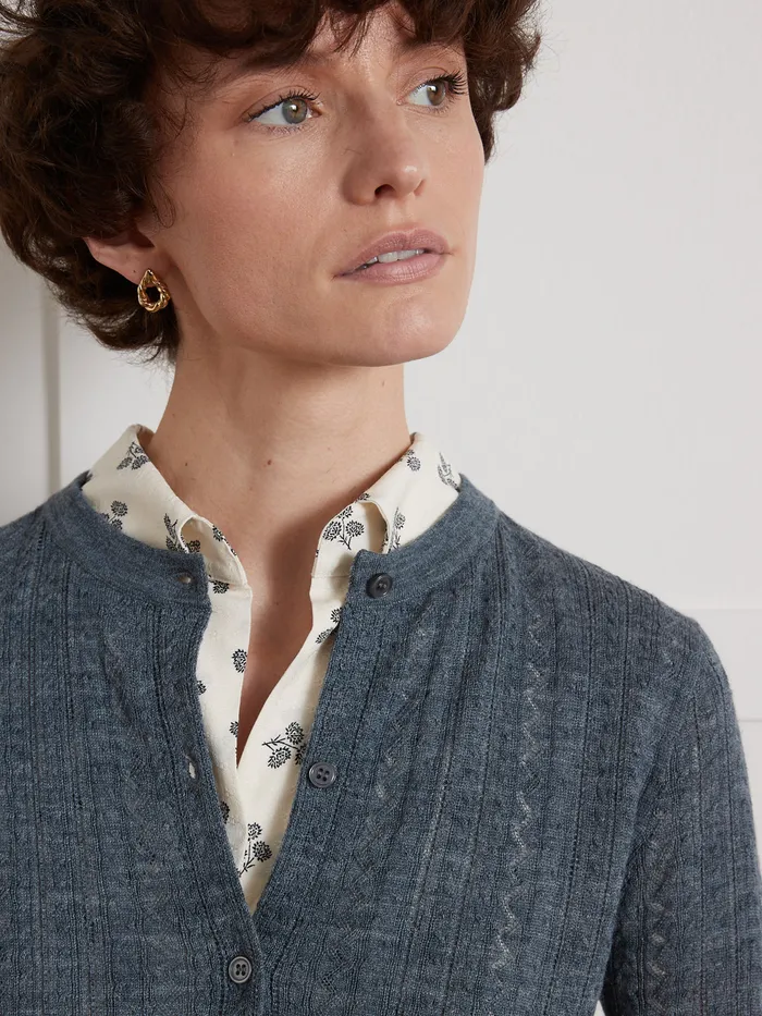 Women Cyrillus Clothing Openwork Knit Button Cardigan Gris Flannel