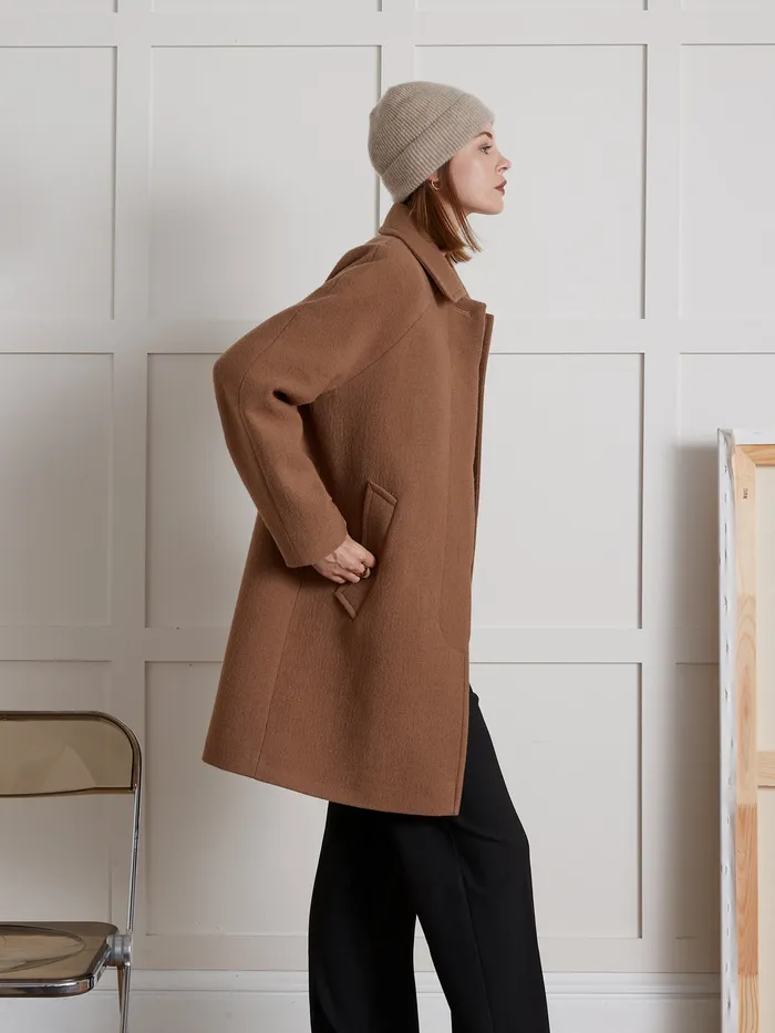Women Cyrillus Clothing Oval Shaped Woolen Coat With Raglan Sleeves Camel