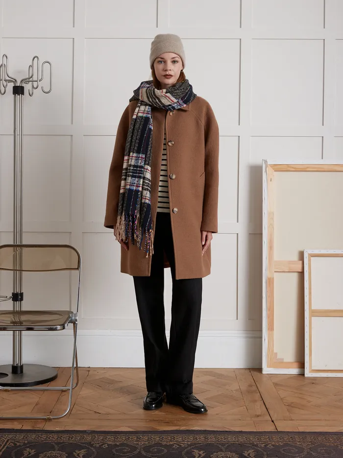 Women Cyrillus Clothing Oval Shaped Woolen Coat With Raglan Sleeves Camel