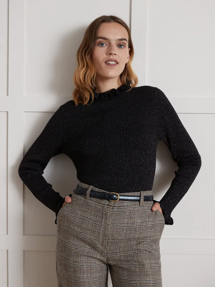 Women Cyrillus Clothing Shimmery Ribbed Sweater With Ruffled Neckline Navy Noir