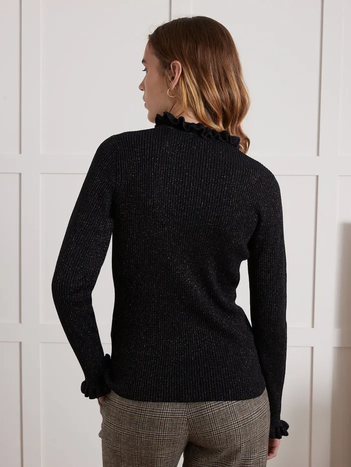 Women Cyrillus Clothing Shimmery Ribbed Sweater With Ruffled Neckline Navy Noir