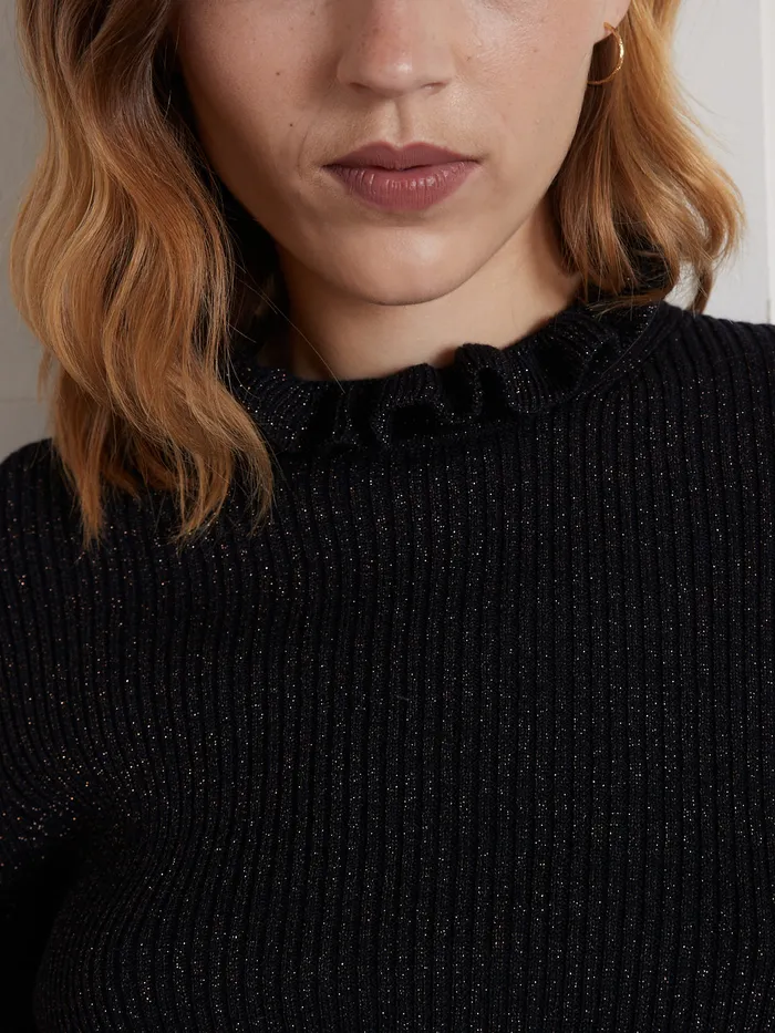 Women Cyrillus Clothing Shimmery Ribbed Sweater With Ruffled Neckline Navy Noir