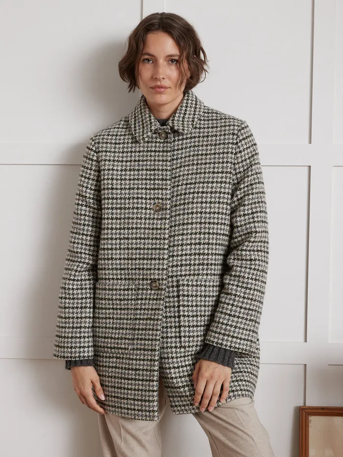 Women Cyrillus Clothing Short Large Houndstooth Woolen Coat Pied De Coq Bleuvert