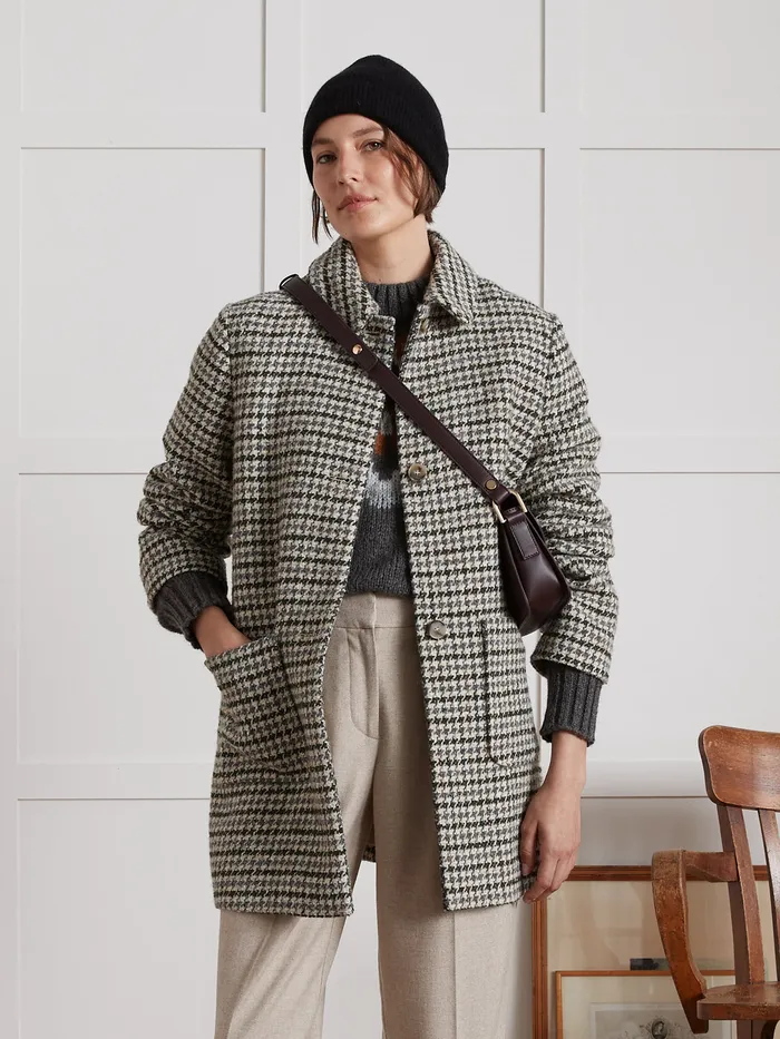 Women Cyrillus Clothing Short Large Houndstooth Woolen Coat Pied De Coq Bleuvert