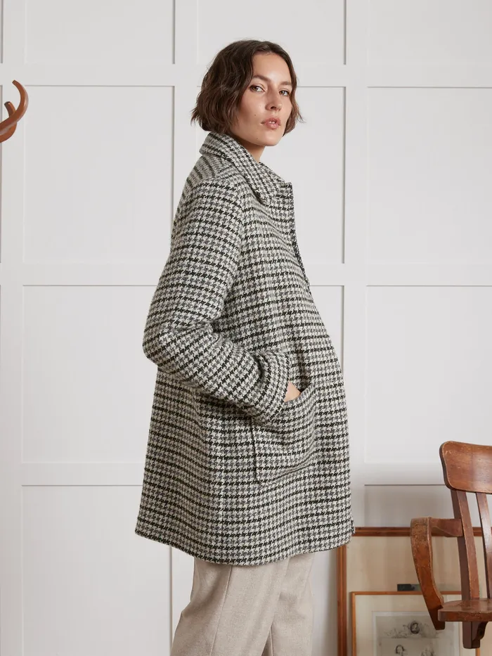 Women Cyrillus Clothing Short Large Houndstooth Woolen Coat Pied De Coq Bleuvert