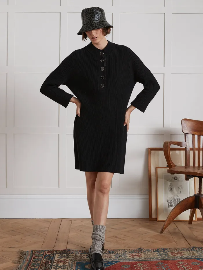 Women Cyrillus Clothing Short WoomBlend SweaterDress With Ribbing Noir