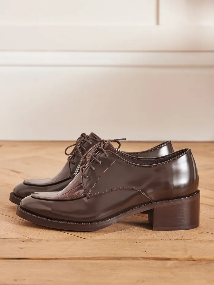 Women Cyrillus Shoes Leather TwoColor Heeled Derby Shoes Marron Glace