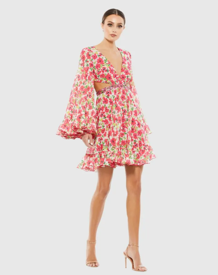 Women Daytime Dresses Mac Duggal Floral Cut Out V Neck Bell Sleeve Mini Dress Pink Multi Women Daytime Dresses Mac Duggal Floral Cut Out V Neck Bell Sleeve Mini Dress Pink Multi