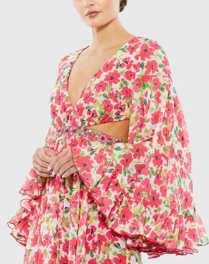 Women Daytime Dresses Mac Duggal Floral Cut Out V Neck Bell Sleeve Mini Dress Pink Multi