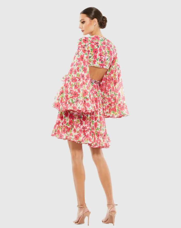 Women Daytime Dresses Mac Duggal Floral Cut Out V Neck Bell Sleeve Mini Dress Pink Multi