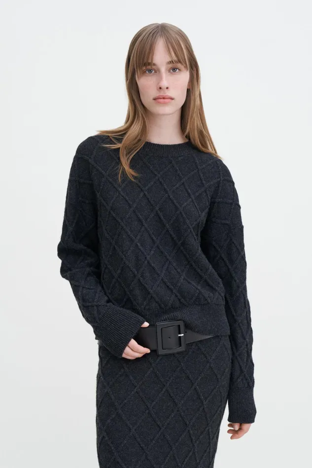Women Diamond Cable Sweater Anthracite Melange Filippa K Knitwear