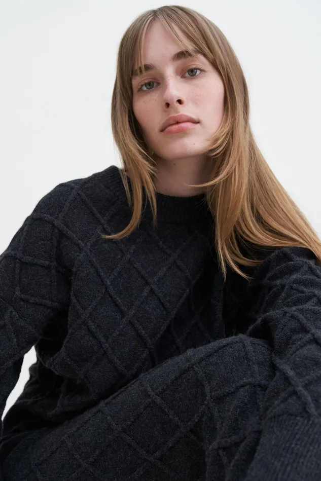 Women Diamond Cable Sweater Anthracite Melange Filippa K Knitwear