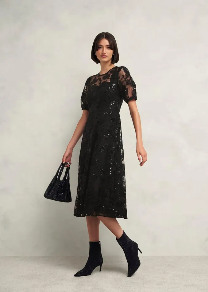Women Dresses and Jumpsuits Hobbs Ami Lace Sequin Midi Dress Hobbs Black