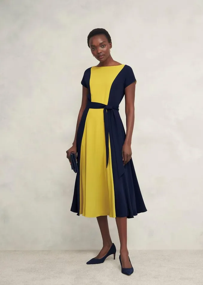 Women Dresses and Jumpsuits Hobbs Emery Tie Belted Dress Navy Yellow