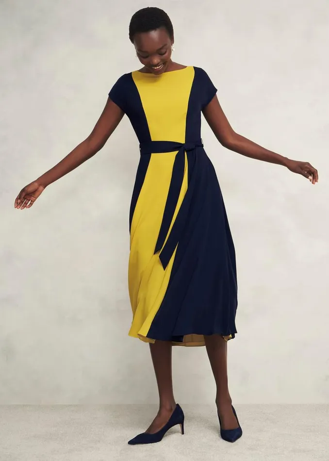 Women Dresses and Jumpsuits Hobbs Emery Tie Belted Dress Navy Yellow