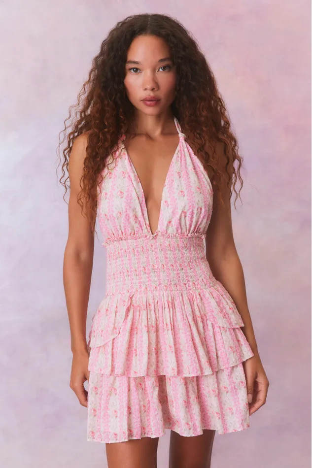 Women Dresses LoveShackFancy Deanna Fragrance Print Halter Mini Dress Strawberry Macaroon
