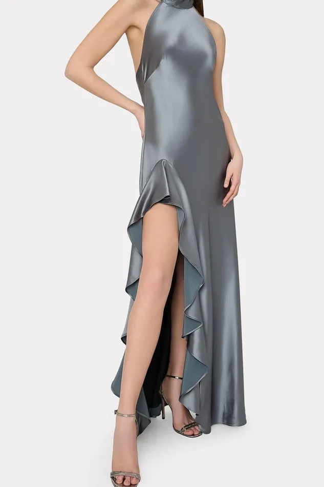 Women Dresses Milly Roux Hammered Satin Gown Pewter Women Dresses Milly Roux Hammered Satin Gown Pewter
