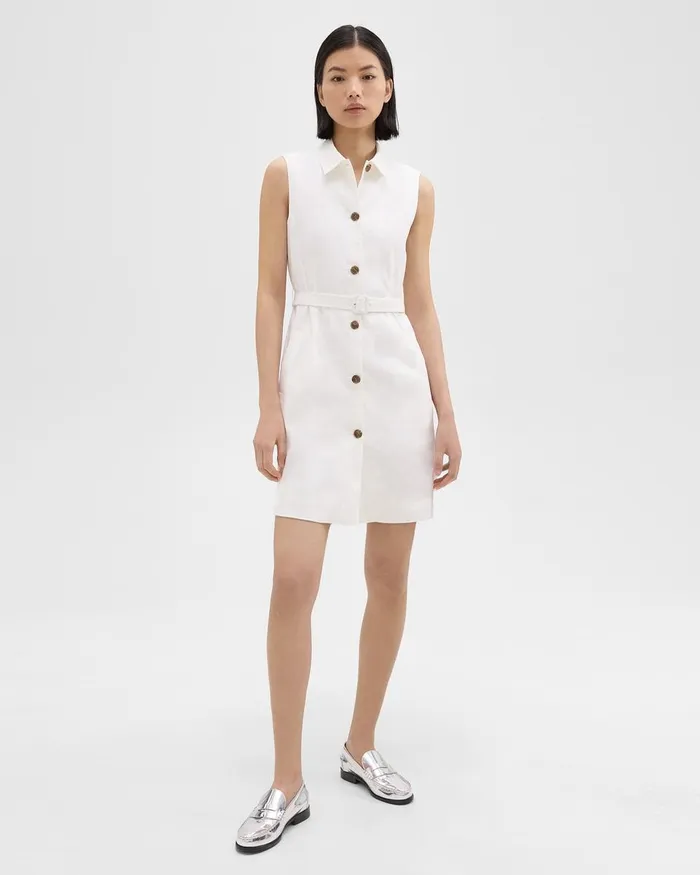 Women Dresses Theory Belted Military Dress In Stretch Linen White