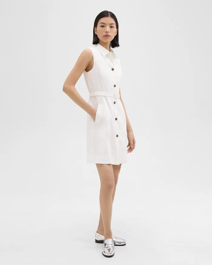 Women Dresses Theory Belted Military Dress In Stretch Linen White