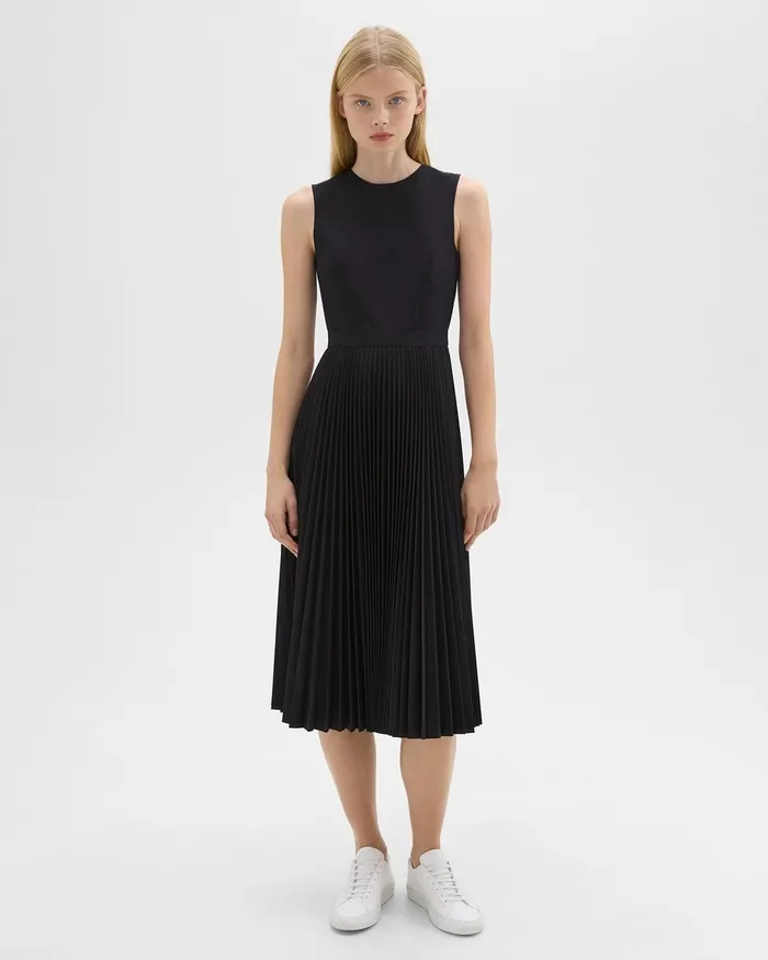 Women Dresses Theory Pleated Midi Dress In Sleek Poplin Black