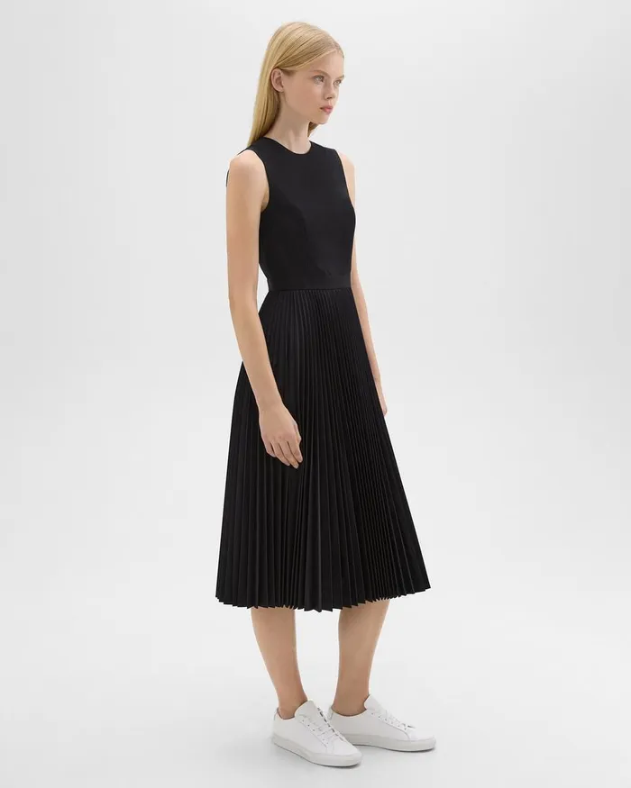 Women Dresses Theory Pleated Midi Dress In Sleek Poplin Black