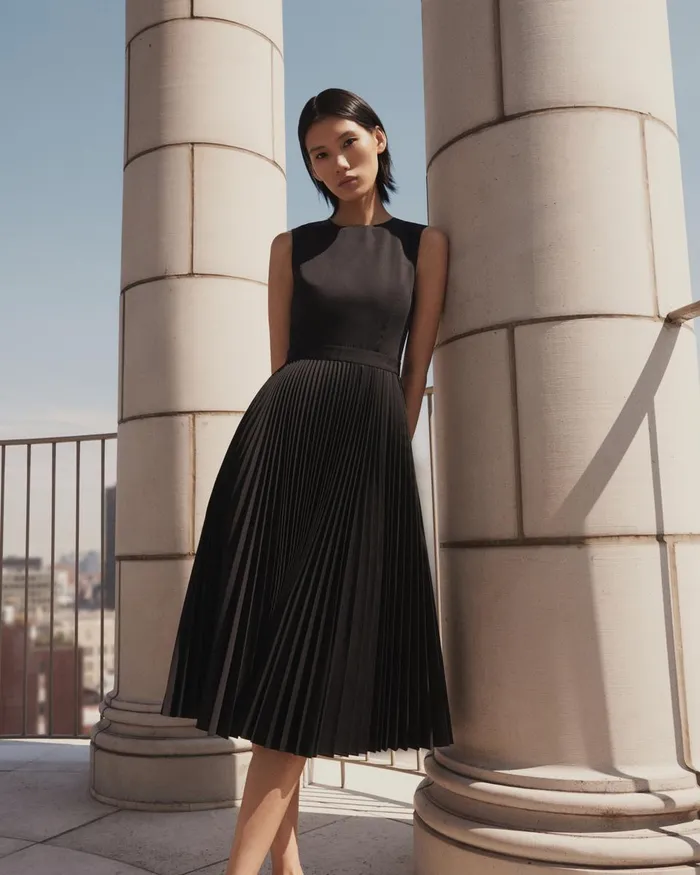 Women Dresses Theory Pleated Midi Dress In Sleek Poplin Black