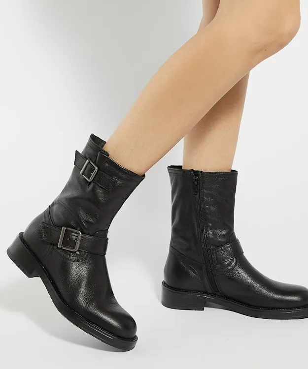 Women Dune London Ankle Boots Buckle Detail Chunky Biker Boots Black