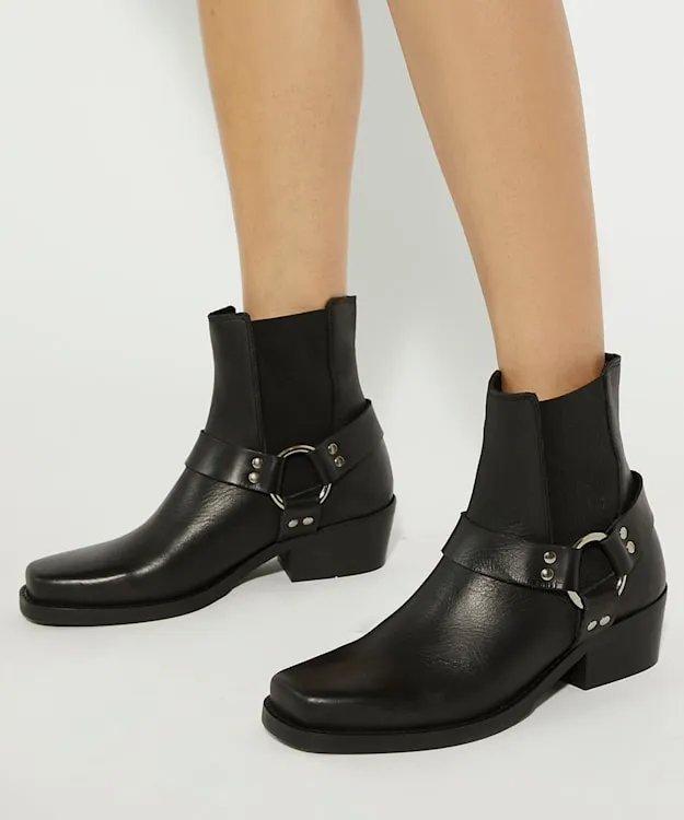 Women Dune London Biker Boots Harness Leather Biker Boots Black
