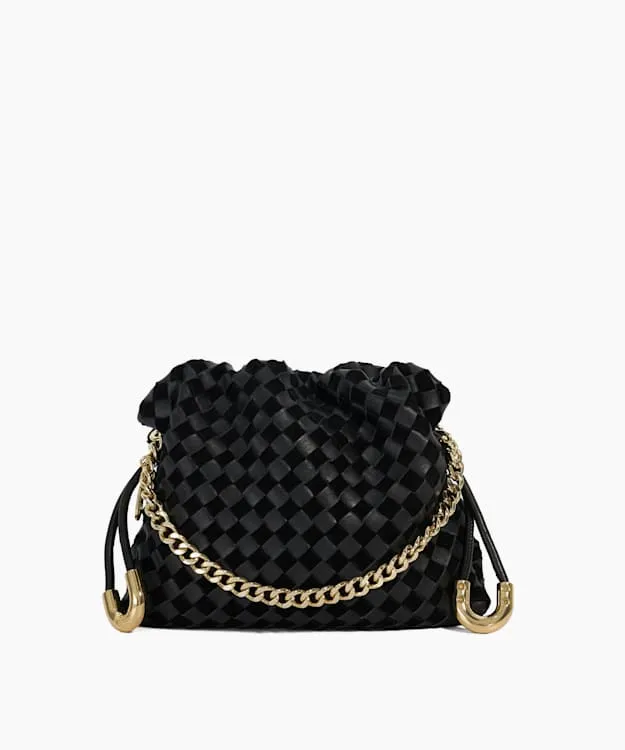 Women Dune London Black Handbags Small Drawstring Woven Leather Bag Black