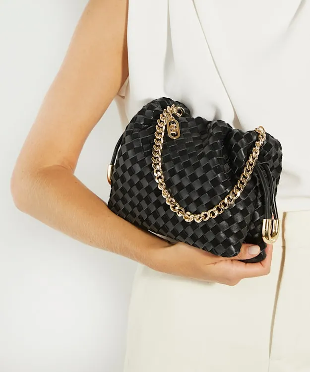Women Dune London Black Handbags Small Drawstring Woven Leather Bag Black