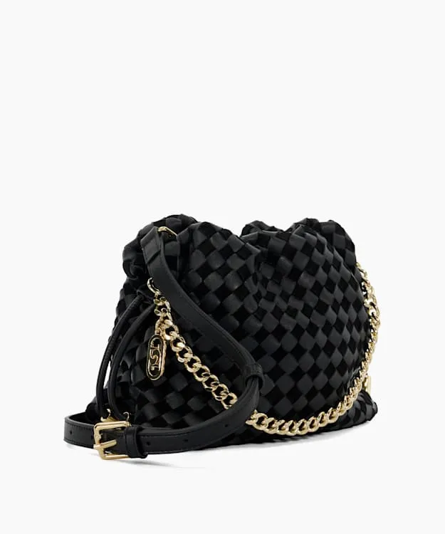 Women Dune London Black Handbags Small Drawstring Woven Leather Bag Black