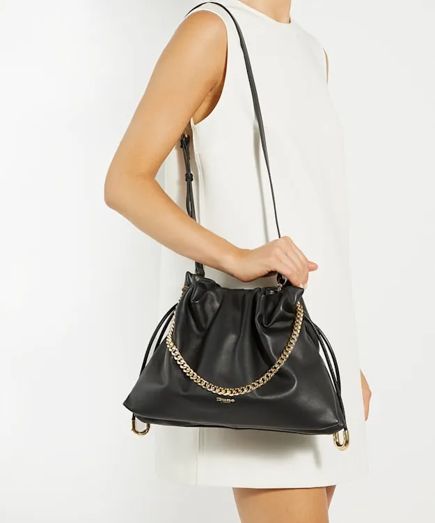 Women Dune London Crossbody Bags Leather Drawstring Bag Black Leather