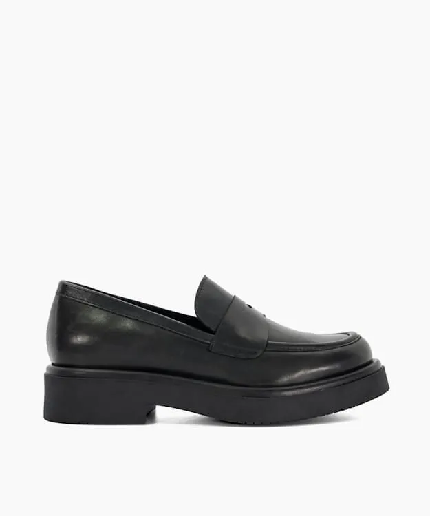 Women Dune London Flat Shoes Leather Chunky Penny Loafer Black