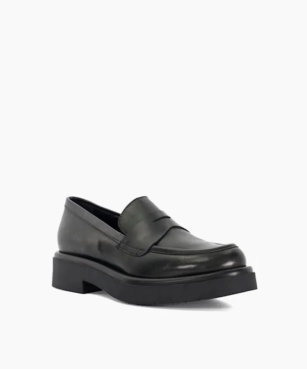 Women Dune London Flat Shoes Leather Chunky Penny Loafer Black