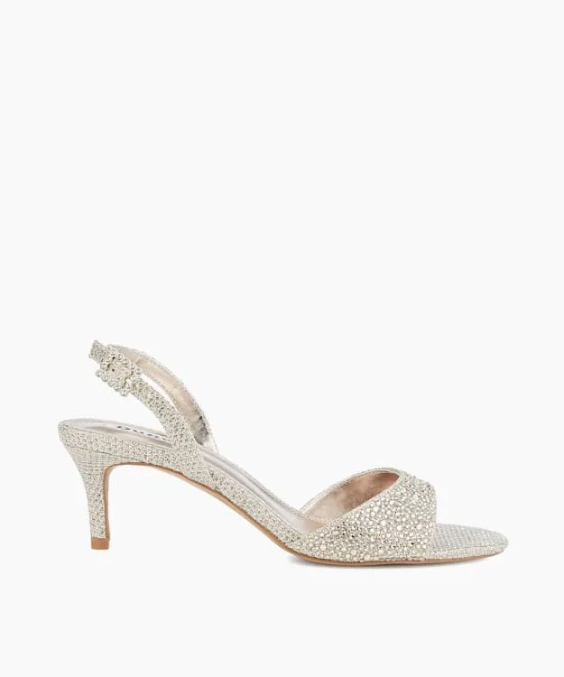 Women Dune London Heeled Sandals Hotfix Ankle Strap Heels Metallic