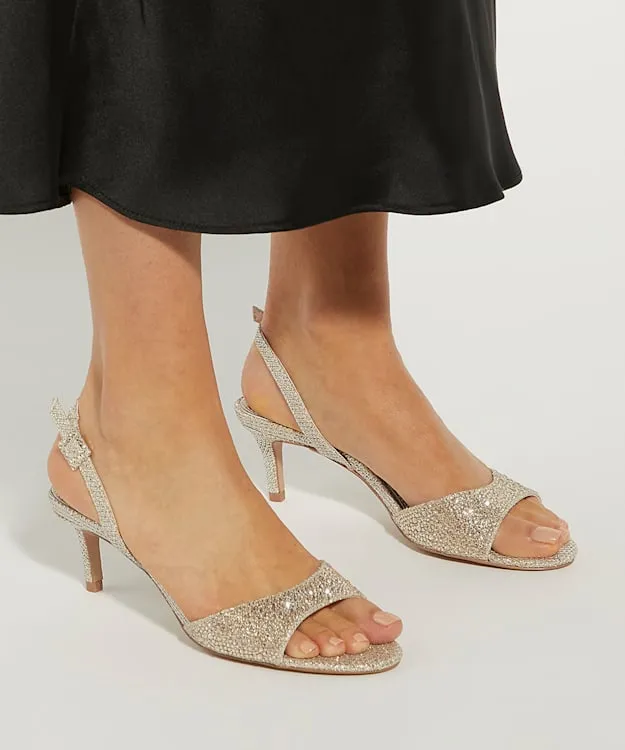 Women Dune London Heeled Sandals Hotfix Ankle Strap Heels Metallic