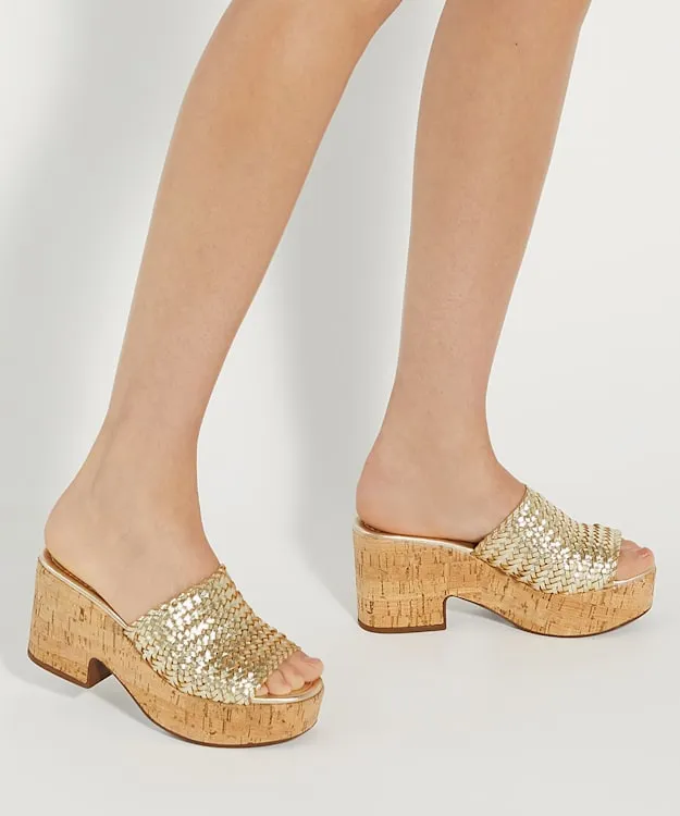 Women Dune London Heeled Sandals Woven Slip On Wedge Heel Sandals Metallic