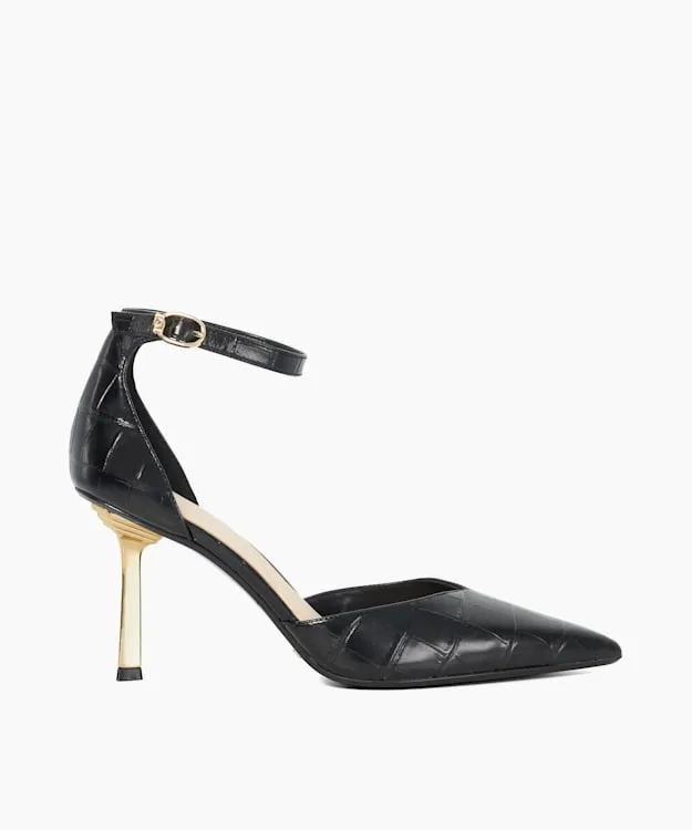 Women Dune London Heels Ankle Strap Emerald Heel Court Shoes Black