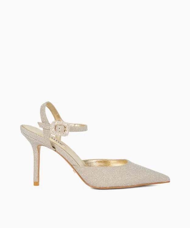 Women Dune London Heels BuckleDetail Heeled Courts Metallic