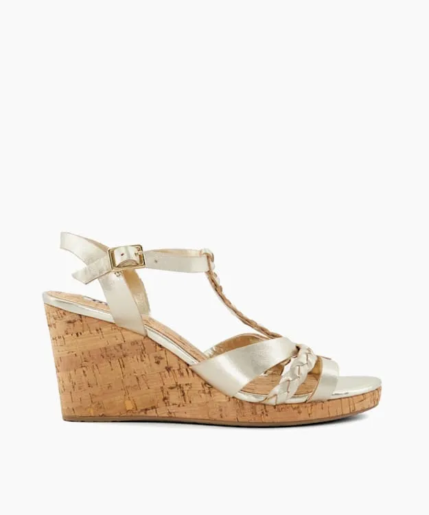 Women Dune London Wedge Sandals Plait Metallic Leather Cork Wedge Sandals Metallic