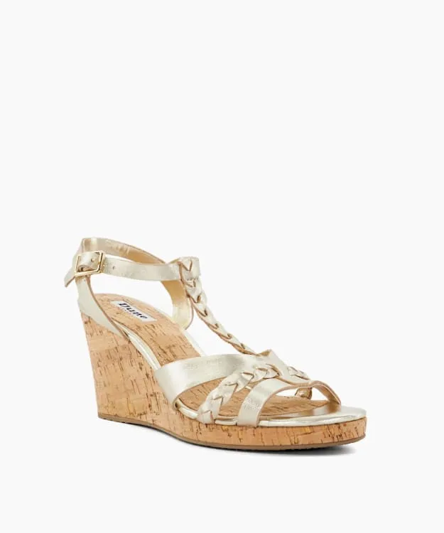 Women Dune London Wedge Sandals Plait Metallic Leather Cork Wedge Sandals Metallic